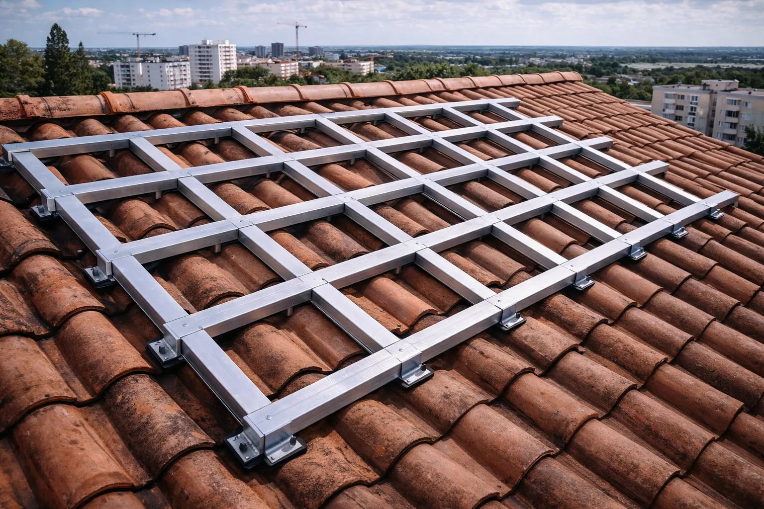 NH-Clip structure installed on a ceramic tile roof using the VEROK mounting system for solar panels.