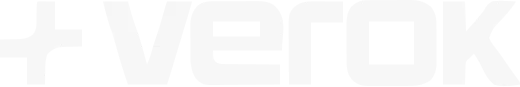 The official VEROK logo in white, consisting of the cross isotype on the left and the brand name in an industrial typeface.